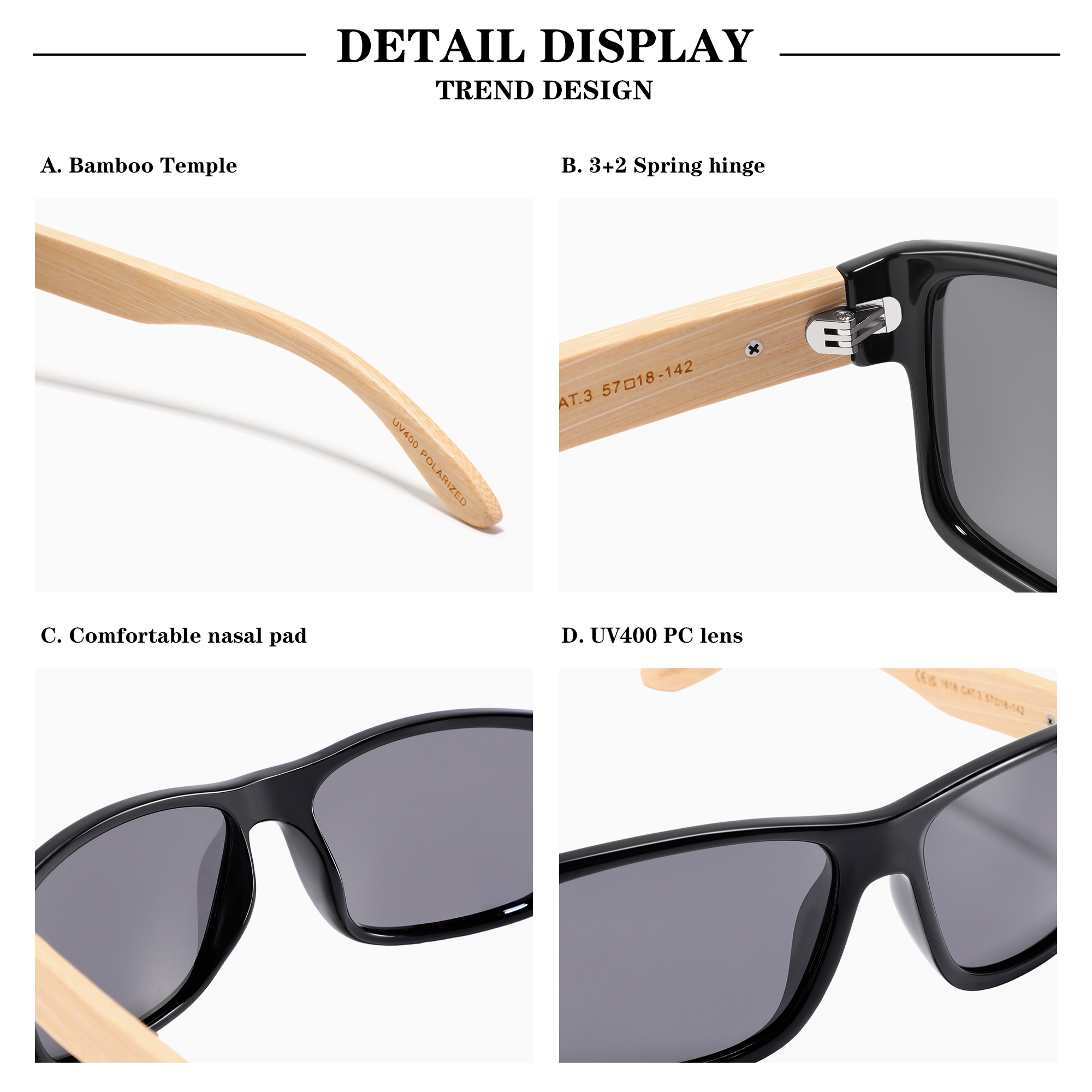 RUISEN'S Bamboo Temple Polarized Sunglasses UV400 Square Sun Glasses for Beach Travel Driving Outdoor 1618