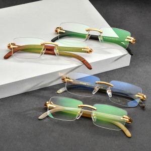 RUISEN’S Rimless Eyeglass Frame with Natural Black & White Buffalo Horn Optical Temples 8100907