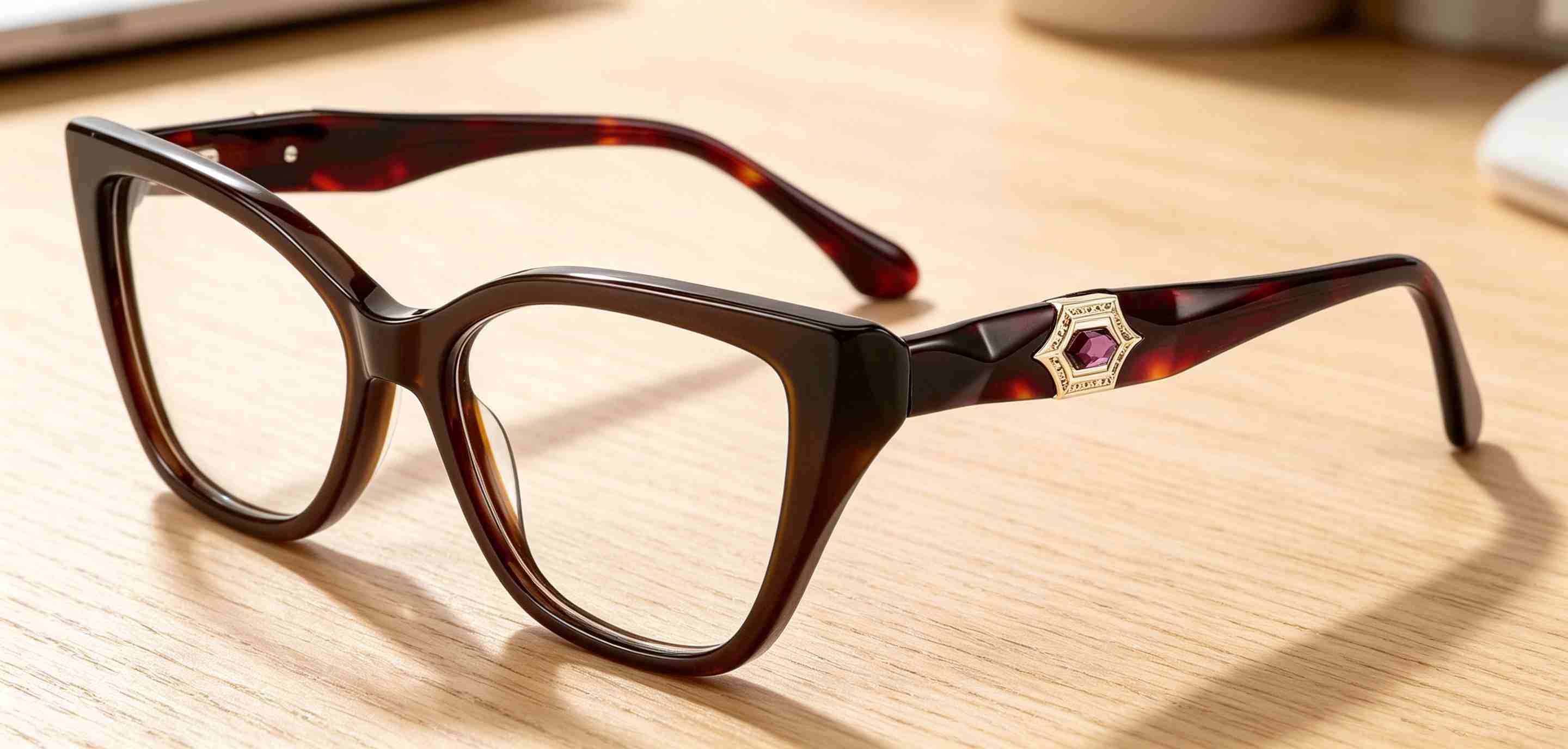 RUISEN'S Solid Acetate Unisex Cat Eye Rectangular Optical Frame With Hexagonal Crystal Metal Detail  MG1011
