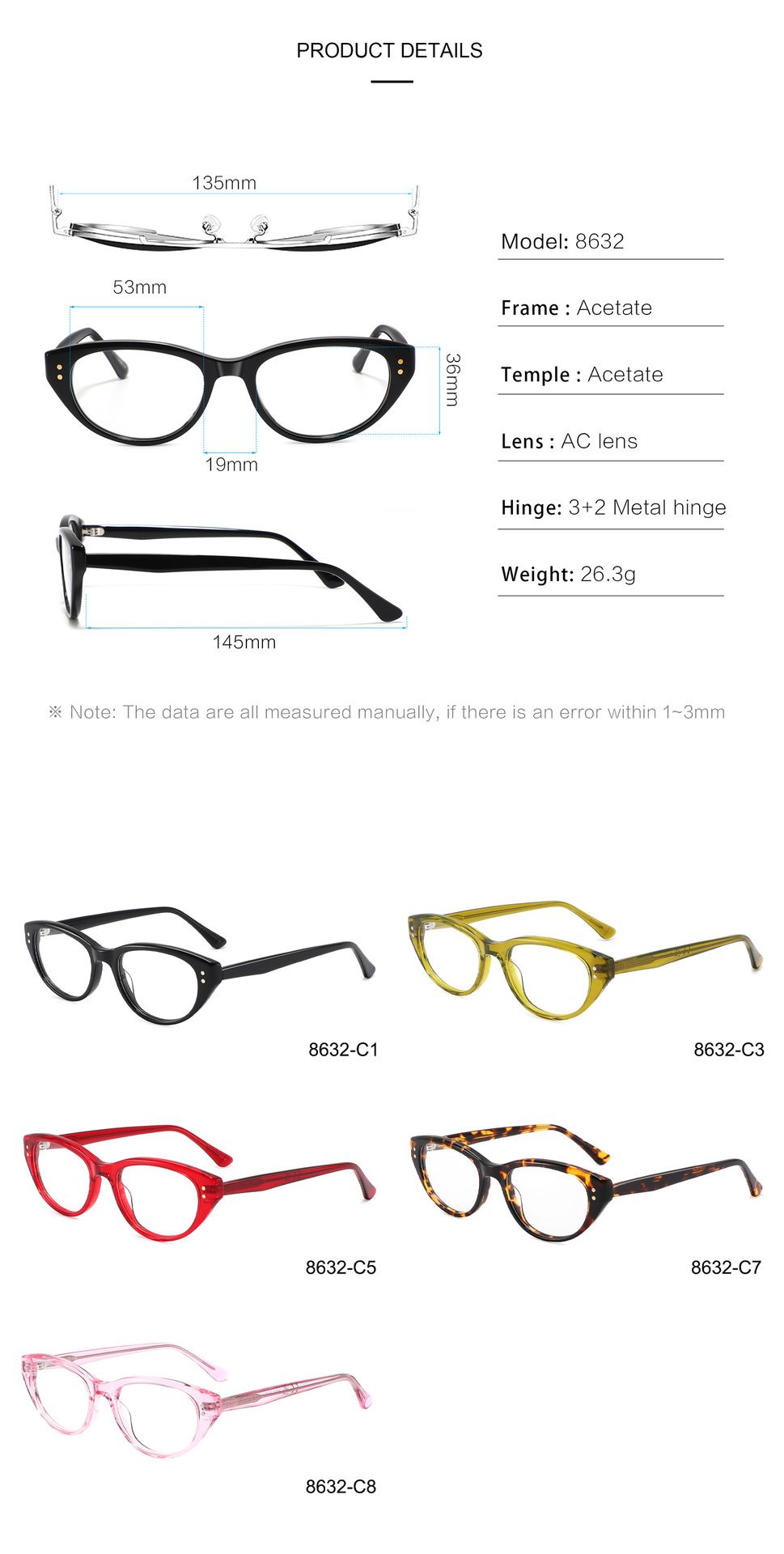 Cat Eye Glasses Street Commuter Eyewear Casual Urban Frames Daily Wear 8632