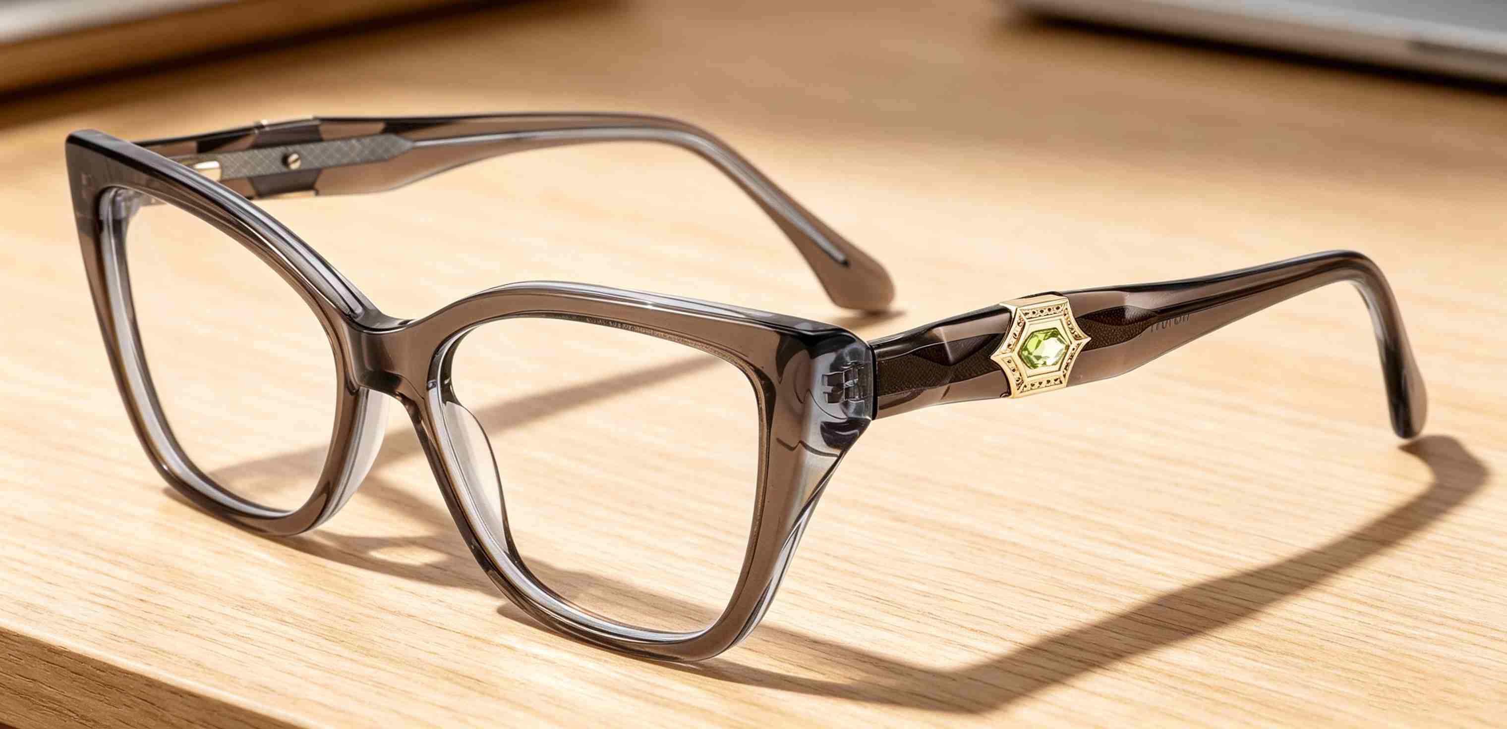 RUISEN'S Solid Acetate Unisex Cat Eye Rectangular Optical Frame With Hexagonal Crystal Metal Detail  MG1011
