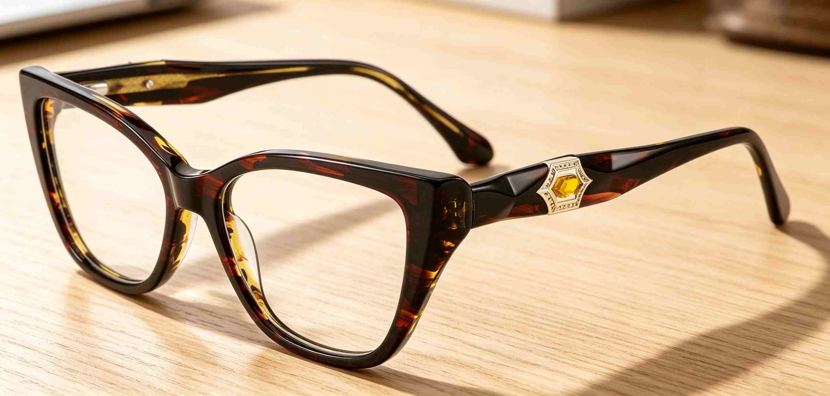 RUISEN'S Solid Acetate Unisex Cat Eye Rectangular Optical Frame With Hexagonal Crystal Metal Detail  MG1011