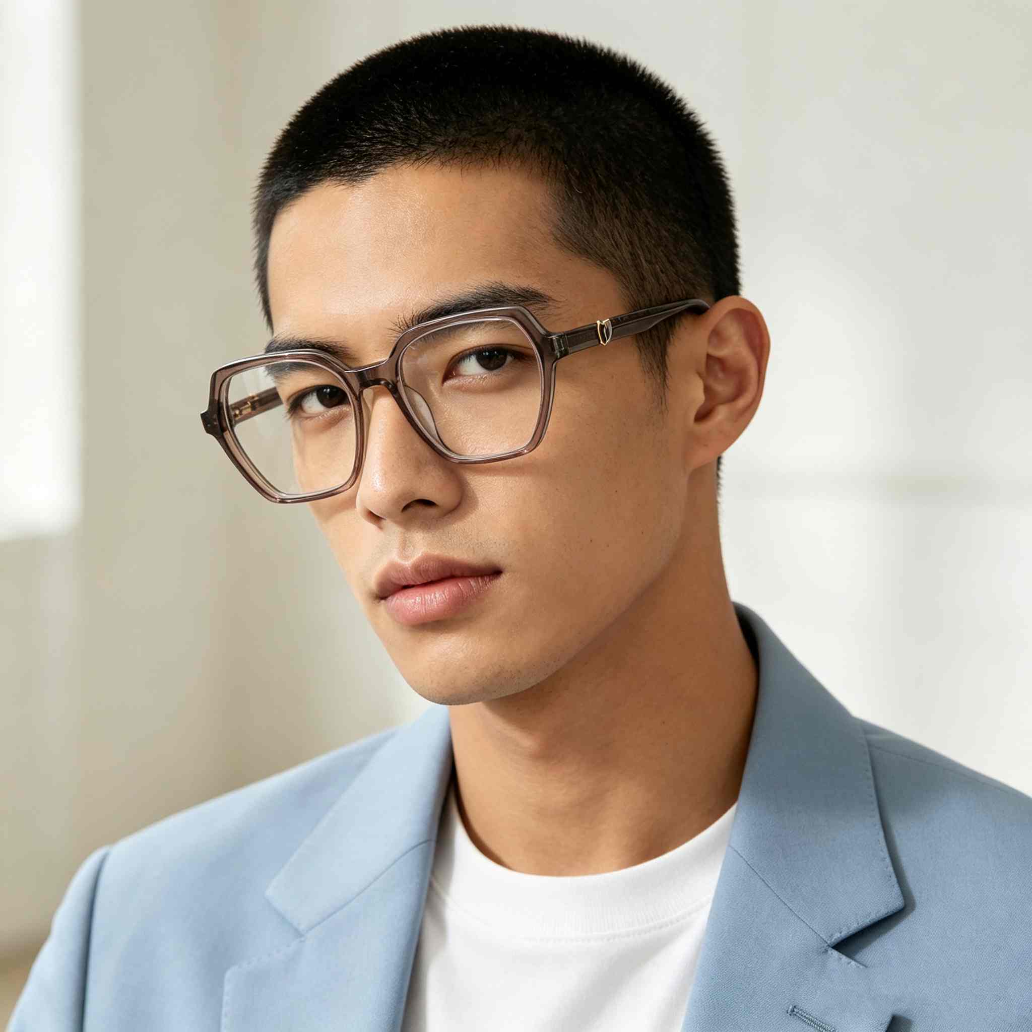 RUISEN’S Artisan Dual-Tone Acetate Gender-Neutral Hexagonal Optical Frame With Contrast Inlay Metal Emblem MG1030
