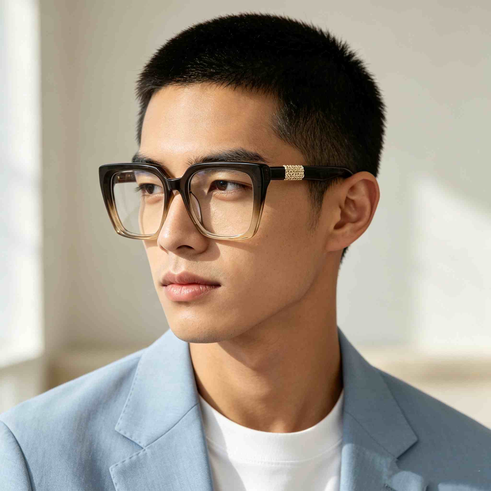 RUISEN'S Layered Acetate Gender-Neutral Square Optical Frame With Textured Gold Hardware Detail MG1012