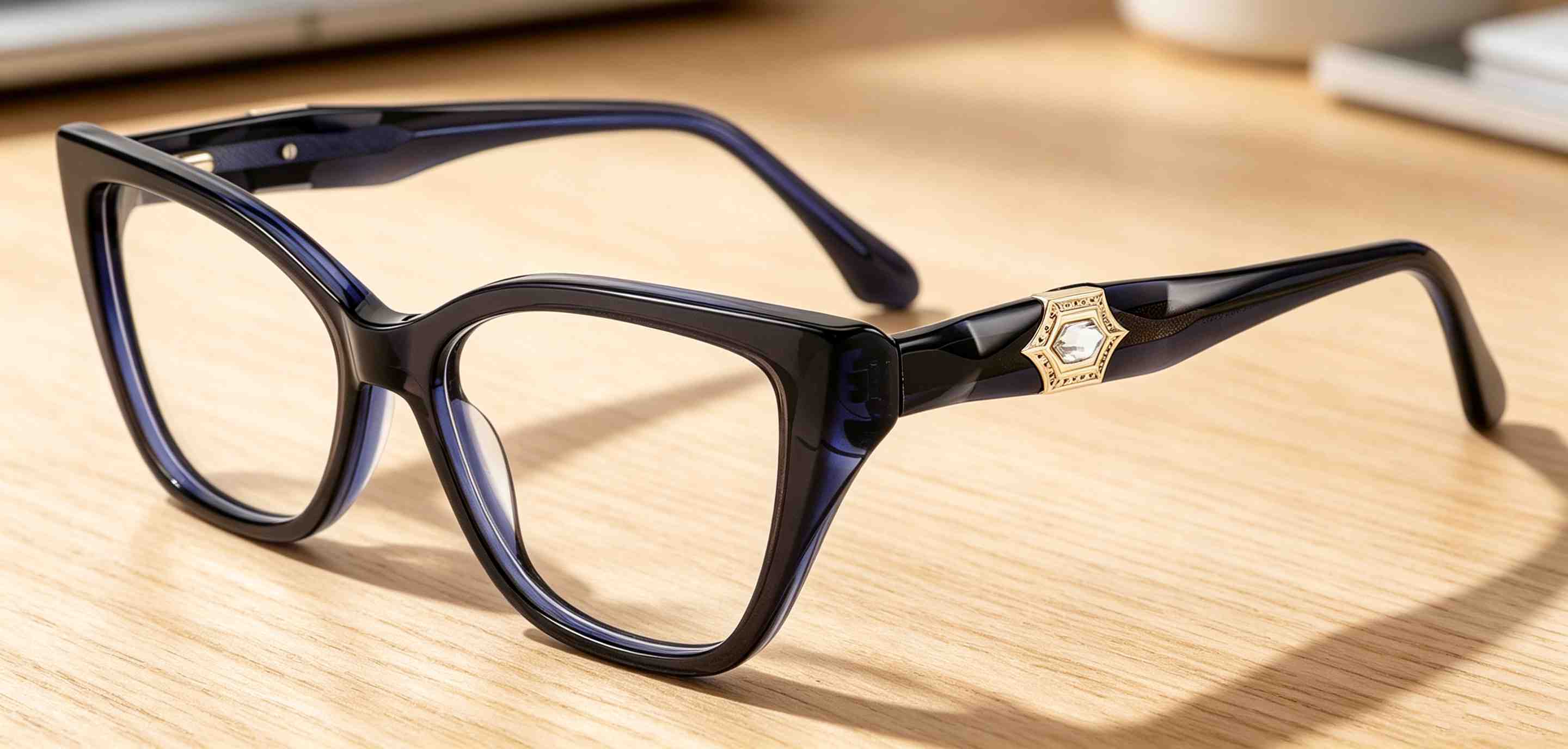 RUISEN'S Solid Acetate Unisex Cat Eye Rectangular Optical Frame With Hexagonal Crystal Metal Detail  MG1011