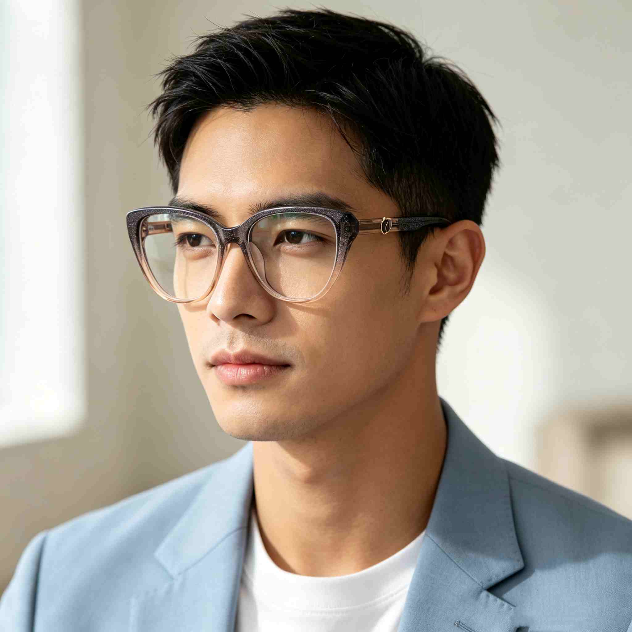 RUISEN'S Polished Gradient Acetate Gender-Neutral Slim Cat Eye Optical Frame With Asymmetric Inset Metal Emblem MG1032