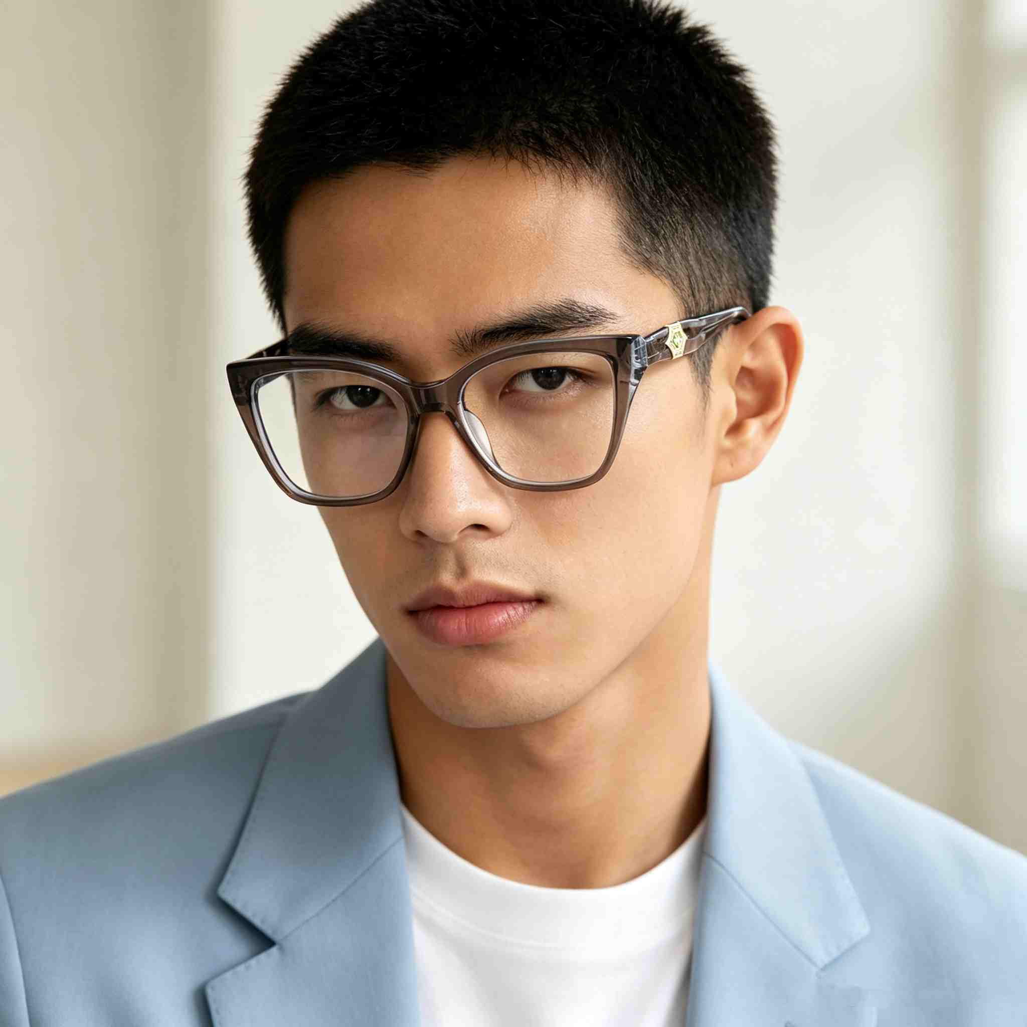 RUISEN'S Solid Acetate Unisex Cat Eye Rectangular Optical Frame With Hexagonal Crystal Metal Detail  MG1011