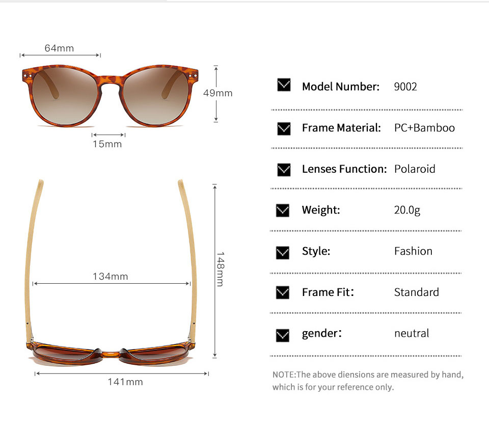 RS9002 लकड़ी के धूप का चश्मा उत्पाद का आकार