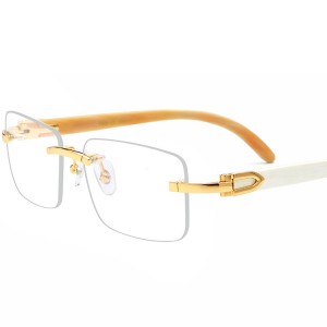 RUISEN’S Rimless Eyeglass Frame with Natural Black & White Buffalo Horn Optical Temples 8100907