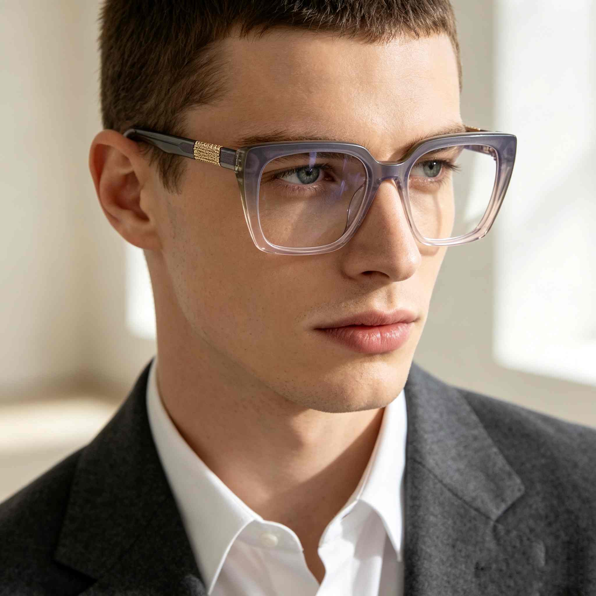 RUISEN'S Layered Acetate Gender-Neutral Square Optical Frame With Textured Gold Hardware Detail MG1012