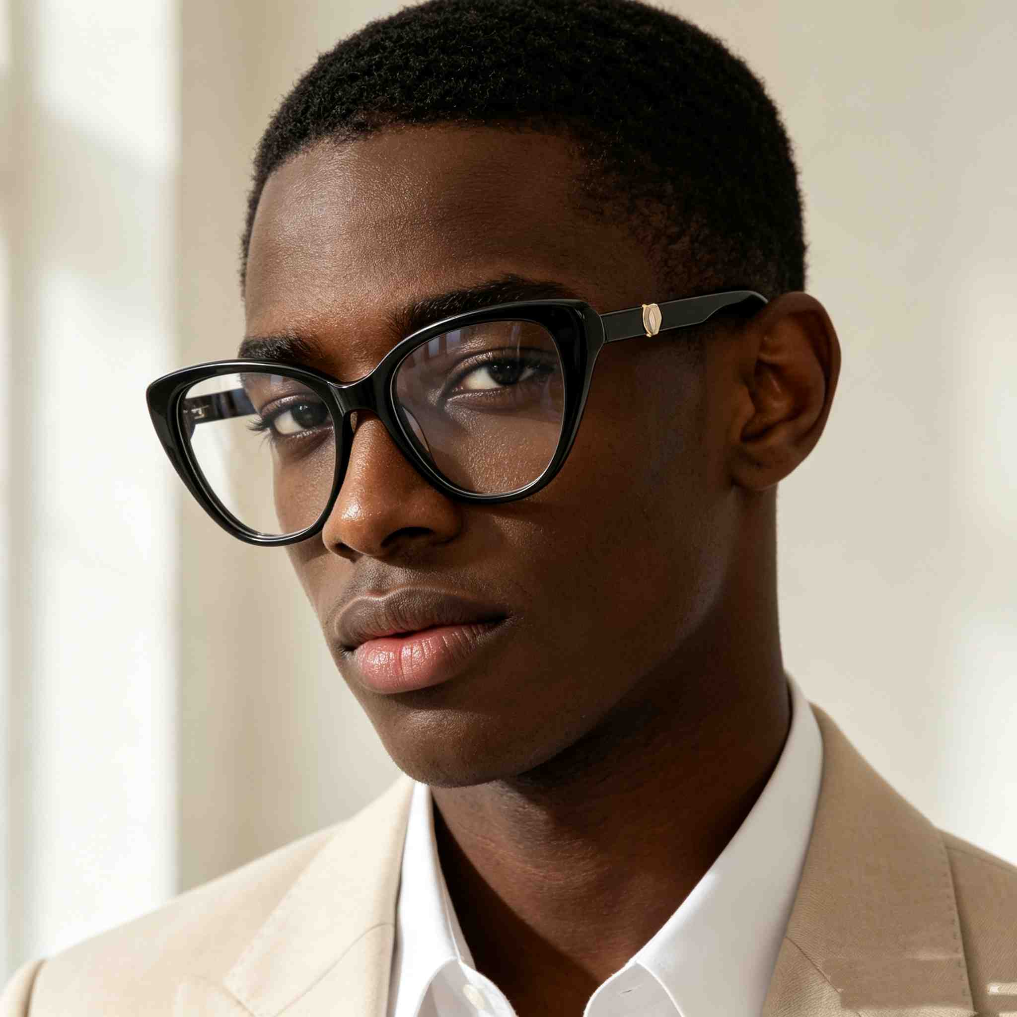 RUISEN'S Polished Gradient Acetate Gender-Neutral Slim Cat Eye Optical Frame With Asymmetric Inset Metal Emblem MG1032